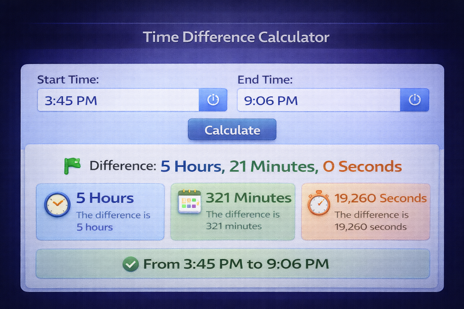Free online time difference calculator interface showing start end time inputs and hours minutes seconds result